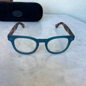 SEE Eyewear matte teal and tortoise frames